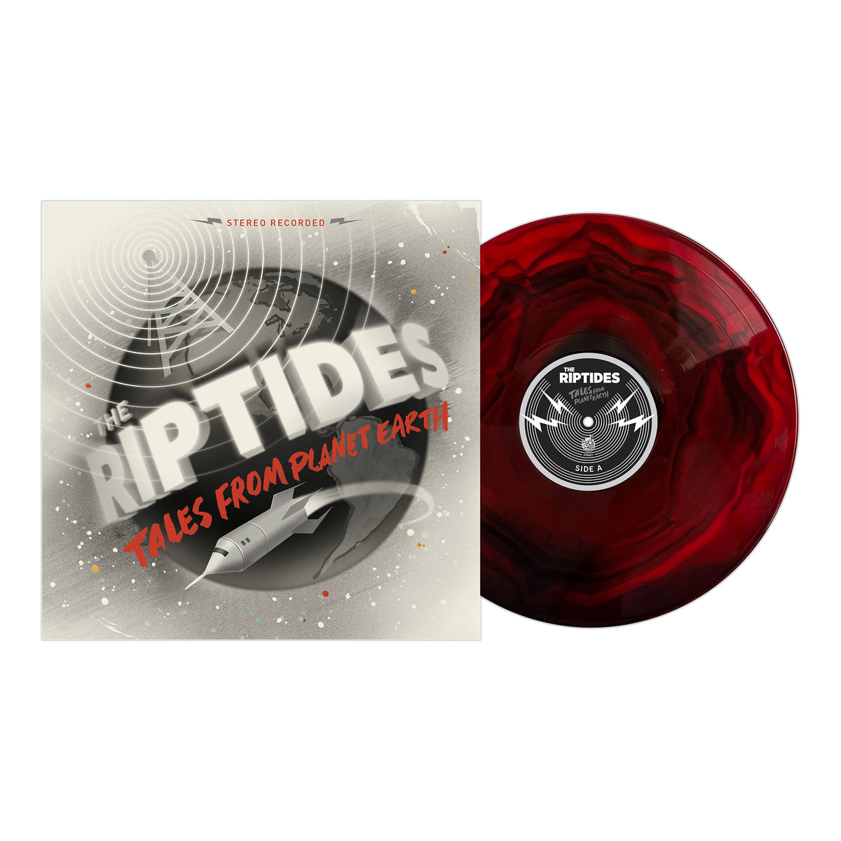 The Riptides’ Tales From Planet Earth album cover displays a retro sci-fi rocket and radar, next to a red and black marbled vinyl with the band’s name and album title on the label.