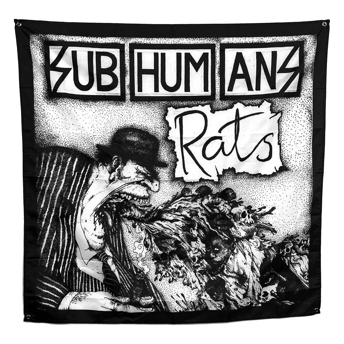 A black and white Subhumans flag features the text SUBHUMANS Rats, showing a cartoon figure in a hat and striped suit vomiting rats. The gritty art gives this Subhumans banner an intense, rebellious punk vibe.