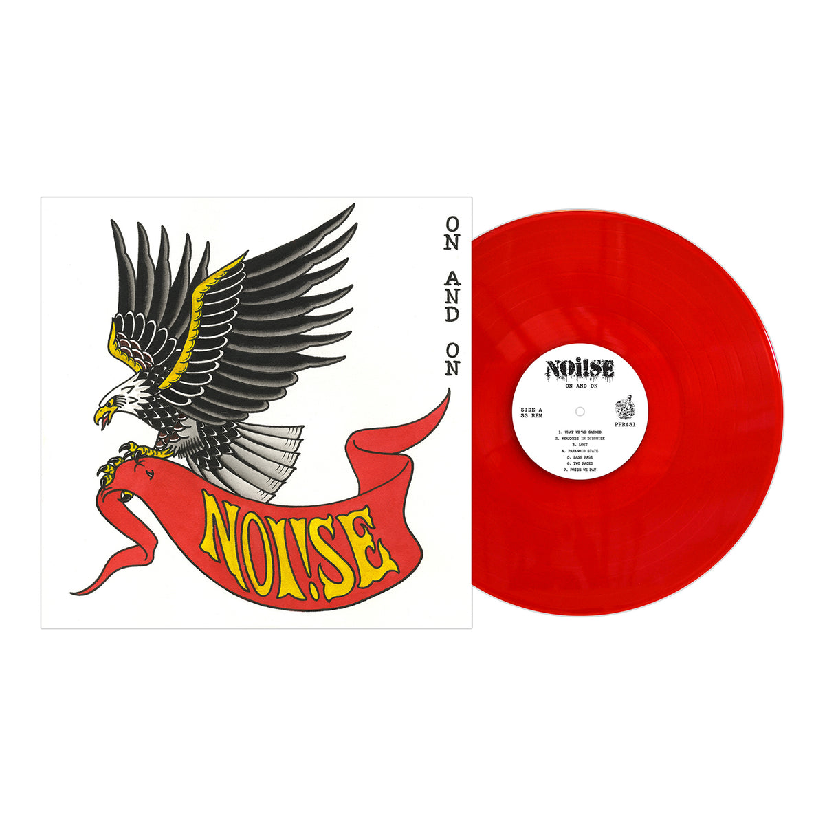 A red vinyl record sits beside its cover, which shows an illustrated eagle holding a red ribbon labeled NOi!SE in yellow. The album title &quot;On and On&quot; appears on the right, released by Pirates Press Records. Brand: NOi!SE.