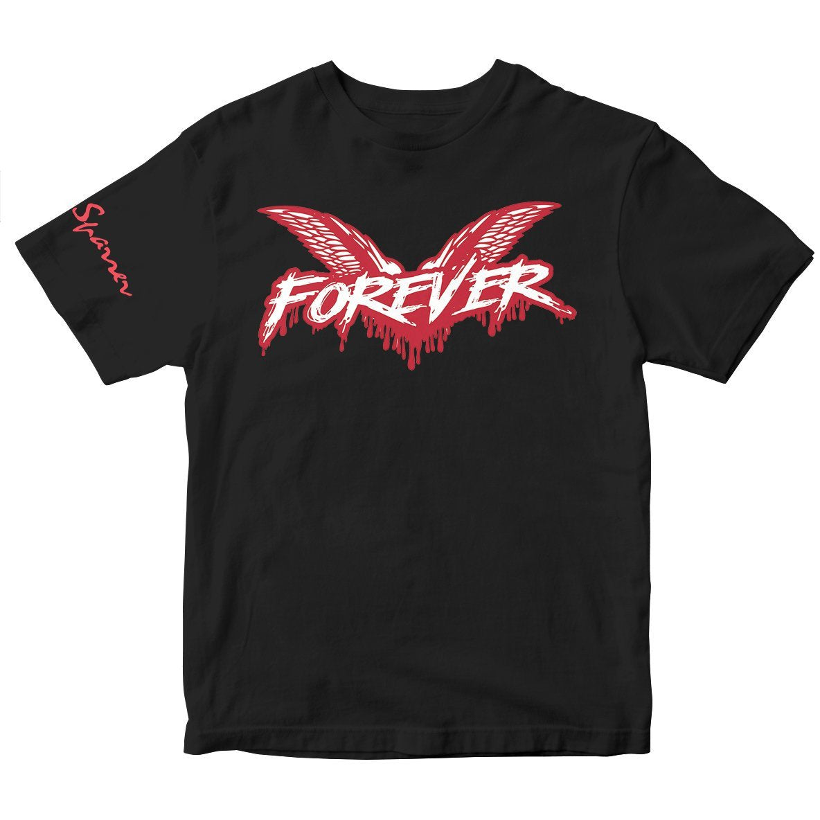 Cock Sparrer black youth T-shirt with red and white wing graphic and bold FOREVER on chest, Shawn in red script on the left sleeve. Printed on Gildan #2000, inspired by Cock Sparrer youth T-shirt designs.