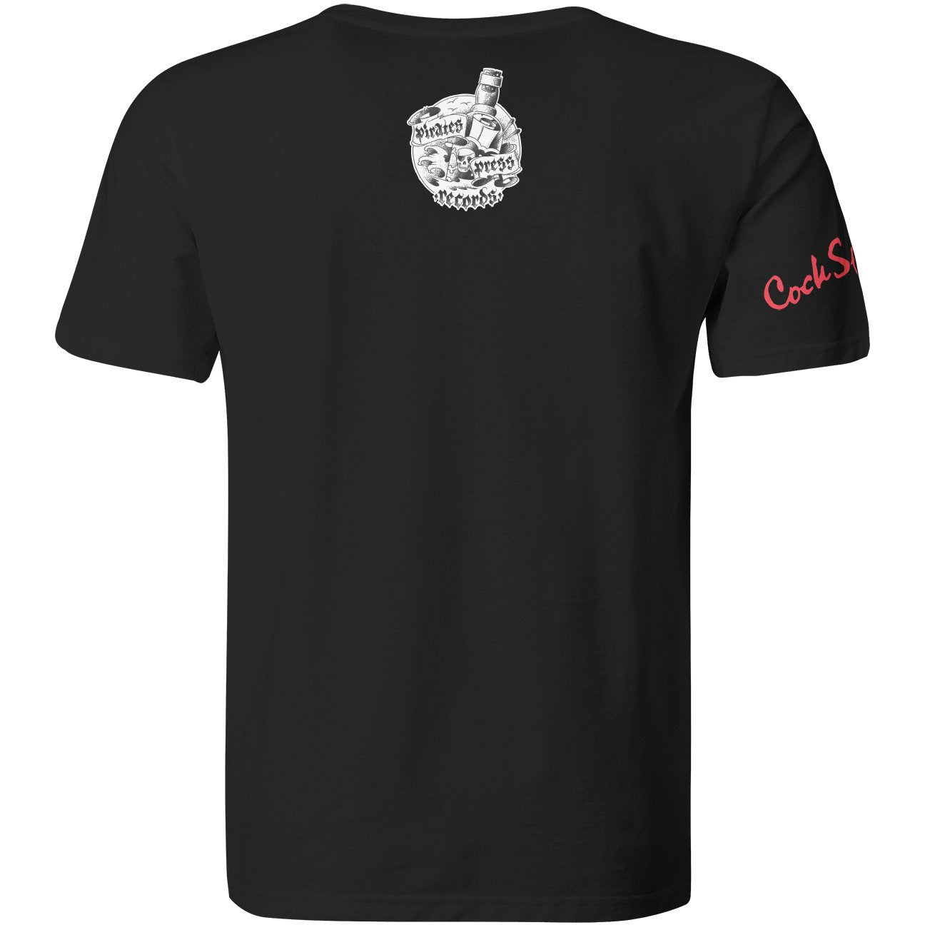 Black t-shirt featuring a white graphic of a hand holding a bottle with Whiskey, Tattoos, & Good Decisions on the upper back and CockS in red on the right sleeve. Official Cock Sparrer merch—perfect for punk band fans.