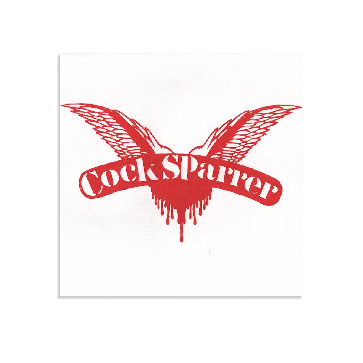 Cock Sparrer stylized red wings with bold white &quot;Cock Sparrer&quot; text and dripping effect, screen panel printed on a 12&quot;x12&quot; white background.