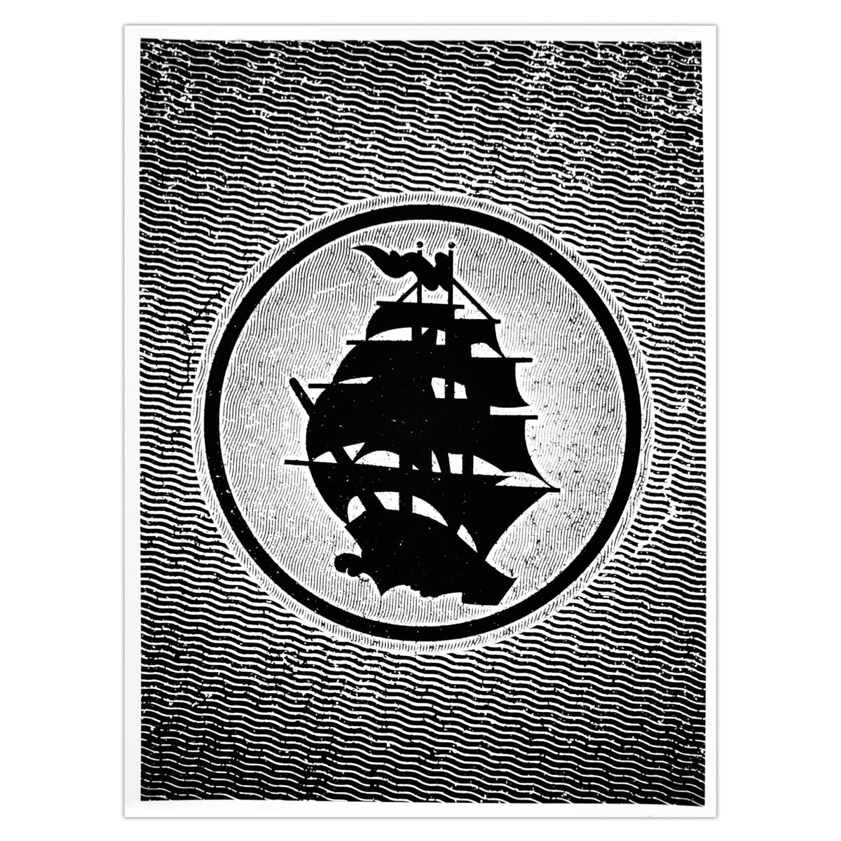 Black and white graphic art of a sailing ship silhouette inside a circle evokes vintage woodcut style, perfect for Pirates Press Records. Wavy lines in the background add bold contrast, ideal for standout Circle Logo posters or Glow In The Dark prints.