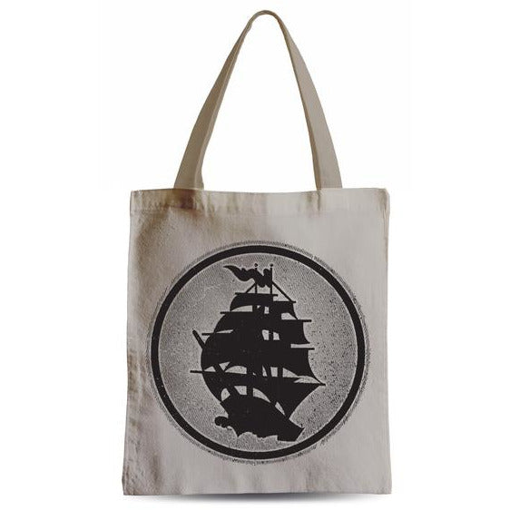 A beige tote bag from Pirates Press Records with a circular graphic of a black sailing ship silhouette—ideal for carrying LPs or showing your Pirates Press pride.