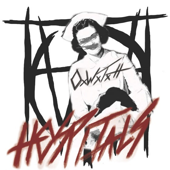 A blurred, black-and-white nurse with crossed-out eyes and name appears behind bold red “HOSPITALS” graffiti. Perfect for Off With Their Heads LP covers or a 10th Anniversary edition.