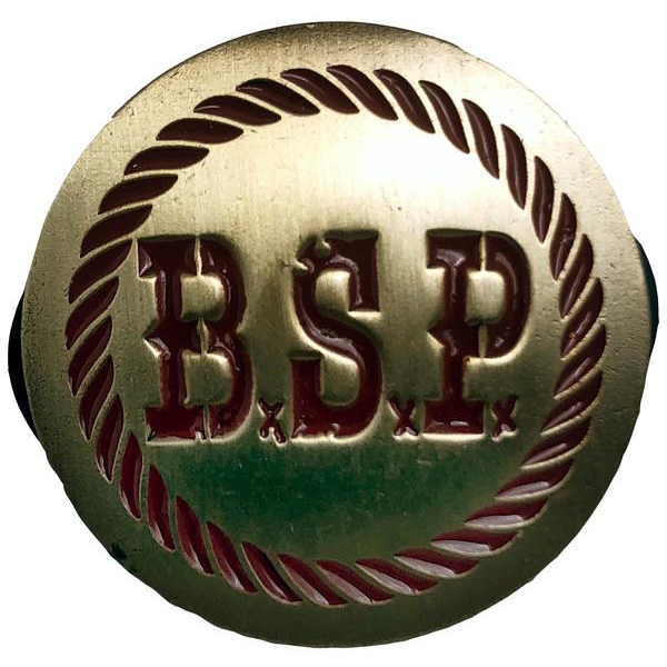 A round, gold enamel pin with a rope border and bold dark red &quot;B S P&quot; letters in the center—an ideal collector’s item for any fan of The Bar Stool Preachers.