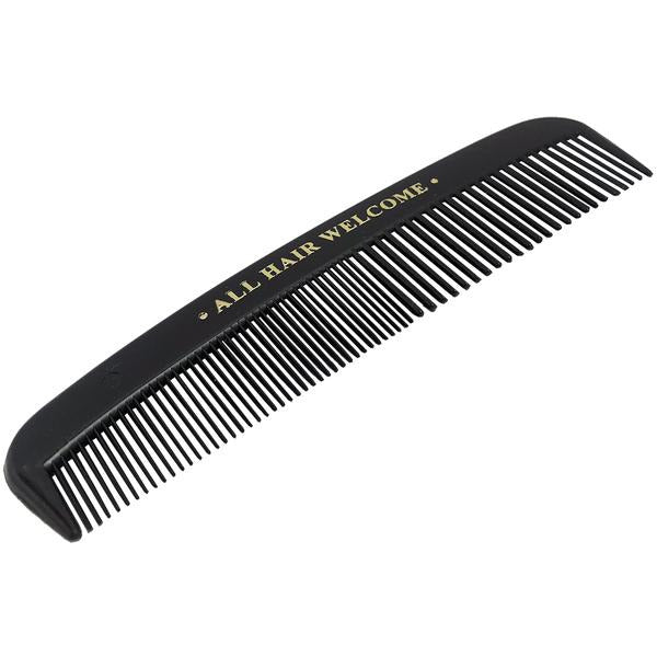 A black plastic comb from Lenny Lashley&#39;s Gang Of One, featuring &quot;ALL HAIR WELCOME&quot; in gold lettering along the top—a stylish and inclusive accessory.