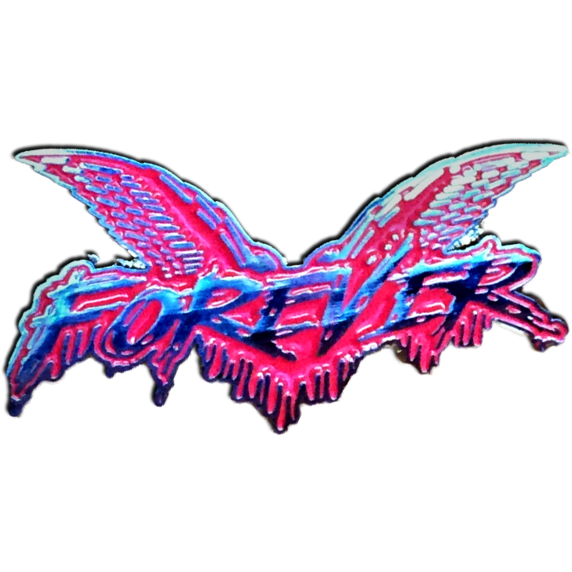 Stylized neon pink and blue &quot;FOREVER&quot; text with wings and a melting effect, inspired by classic Cock Sparrer pins—bold, dynamic, and perfect for a die cut pin.