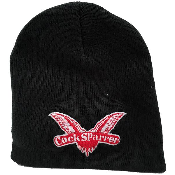 A black beanie by Cock Sparrer featuring their logo in red and white beneath detailed outstretched wings.