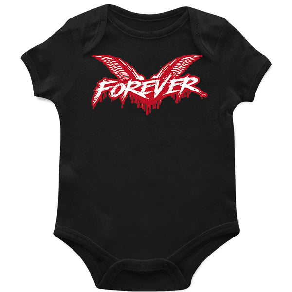 Black Cock Sparrer baby onesie with a red and white wing graphic and &quot;FOREVER&quot; in bold text across the chest—perfect for little fans of band baby clothes.