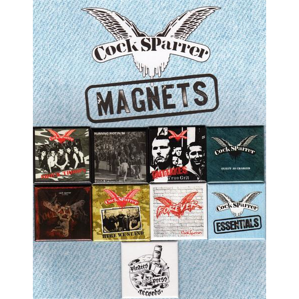 Cock Sparrer magnet set: nine unique square album cover magnets on a denim-patterned backing, under a bold Cock Sparrer MAGNETS header—essential punk rock merch for fans.