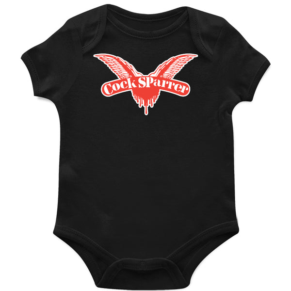 Cock Sparrer onesie crafted from soft Rabbit Skins fabric, featuring a red and white winged logo—ideal punk baby clothing for little fans.