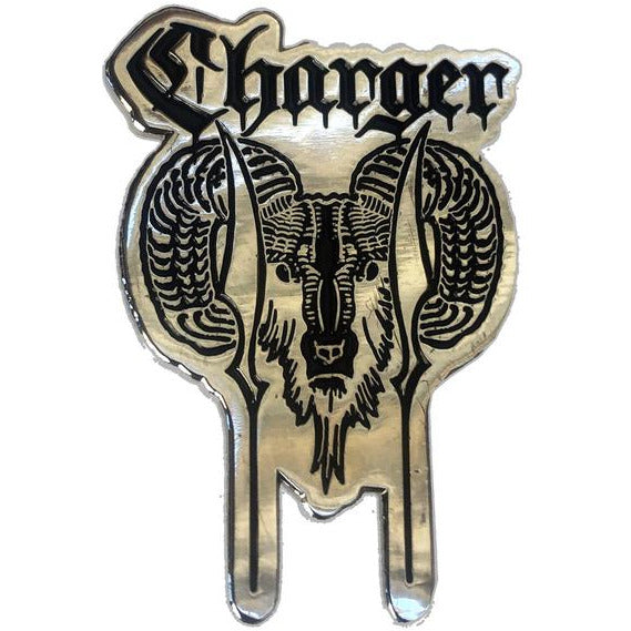 A 1.5-inch metallic Charger pin features &quot;Charger&quot; in gothic script above a detailed rams head, enamel-painted, with two downward-pointing blades forming a hand gesture—a collectible Ram Enamel pin by Charger.
