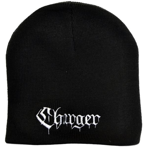 The Charger beanie is a black hat with white stitching and features bold, gothic-style &quot;Charger&quot; embroidery on the front.