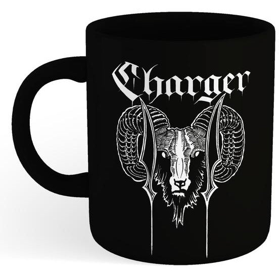 The Charger mug is a black coffee mug by Charger, featuring a white rams head with large curled horns between two spears. Charger is displayed above the image in a striking Gothic-style font.