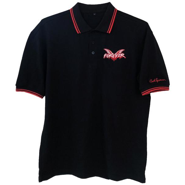 A classic Cock Sparrer black polo featuring red trim on the collar and sleeves, a red butterfly and FOREVER text on the chest, plus Cool Square text on the left sleeve.