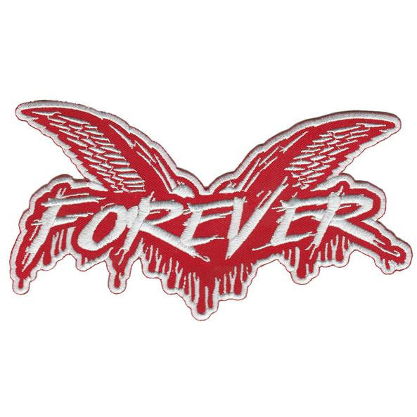 A red and white Cock Sparrer embroidered patch, X-Large at 12&quot; x 6&quot;, displays stylized wings and FOREVER in bold letters across the center, with dripping edges on both the letters and wings.