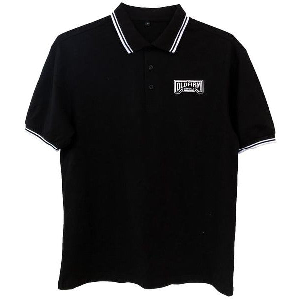 Black short-sleeve polo by The Old Firm Casuals with white trim on the collar and sleeves, featuring an OFC logo on the left chest.