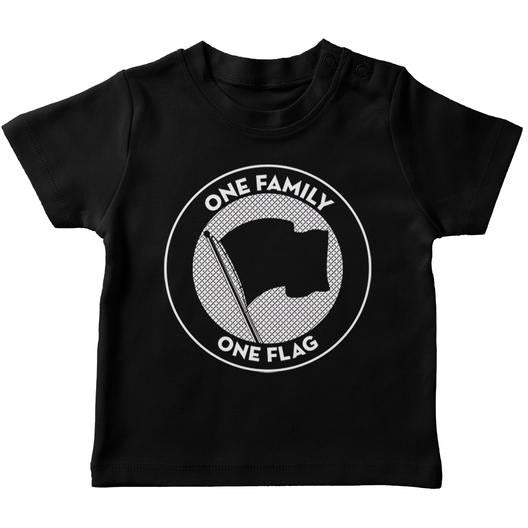 A black toddler T-shirt from Pirates Press Records features a circular flag-on-pole design with the phrase ONE FAMILY ONE FLAG.