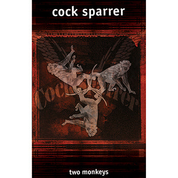 Cock Sparrer’s “Two Monkeys” album cover shows three white monkeys in energetic poses on a dark red background. Faint wings and the band name appear, with the title text above and below, capturing punk rock vibes from Cock Sparrer.