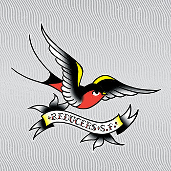 A tattoo-style swallow with red and yellow accents holds a REDUCERS S.F. ribbon in its beak, set against a wavy gray background—capturing street punk vibes and showcasing the Bay Area roots of brand Reducers S.F.