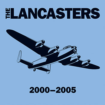 Blue graphic with a black silhouette of a four-engine airplane, Lancasters in bold black letters at the top, and 2000–2005 in black below the plane.