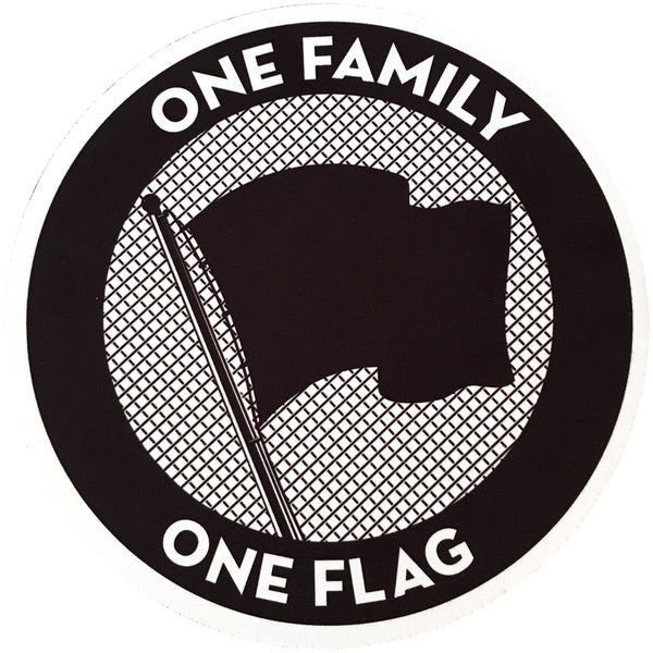 A black and white circular graphic decorates this Pirates Press Records mouse pad, featuring a waving flag on a pole. The words ONE FAMILY appear above and ONE FLAG below, all set against a crosshatched background.