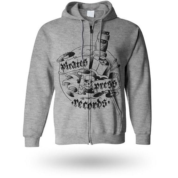 This Pirates Press Records zip-up hoodie showcases a black graphic of vinyl records, waves, and a pirate ship. Featuring front pockets and a drawstring hood, its perfect for fans of classic style and music.
