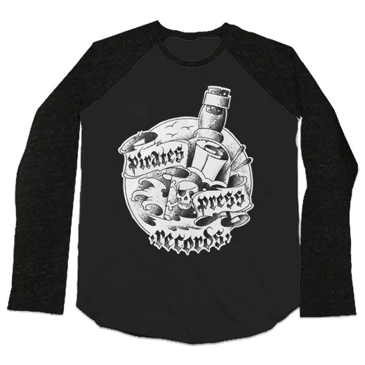 Pirates Press Records black baseball t-shirt with black sleeves, featuring a front graphic of vinyl records, a skull, and a Pirates Press Records banner in stylized text.