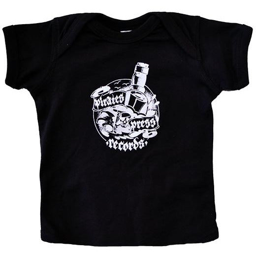 Pirates Press Records toddler T-shirt by Rabbit Skins features a white skull, vinyl records, and a bottle graphic on black, with Pirates Press Records in decorative lettering on the front.