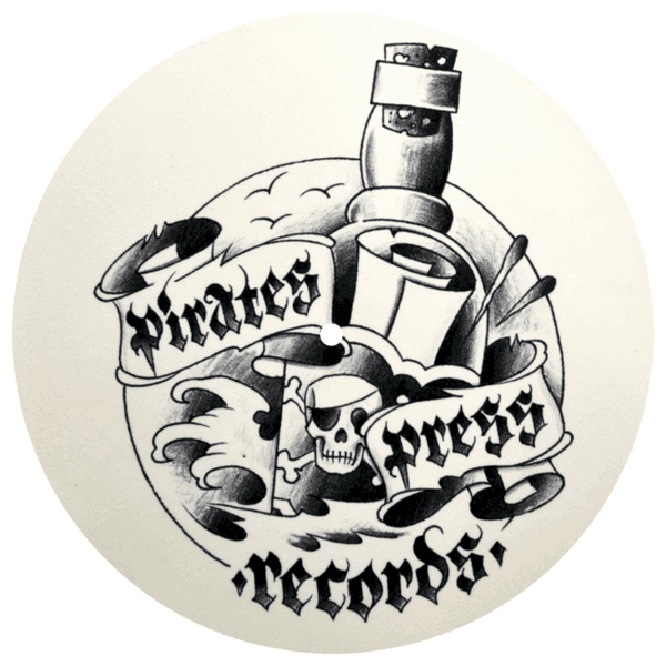 A black and white tattoo-style Pirates Press Records logo with a skull, cannon, waves, scroll, and drumsticks wraps a banner—an edgy addition to any slipmat or Glow In The Dark slipmat collection.