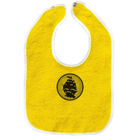 A yellow baby bib from Pirates Press Records with white trim, featuring a black sailing ship silhouette inspired by their iconic circle logo.