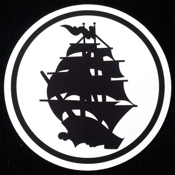 A black silhouette of a sailing ship with multiple sails sits inside a black circular border on a white background, ideal for a Pirates Press Records Circle Logo slipmat.
