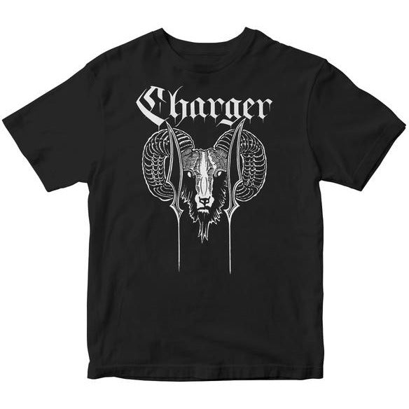 The Charger Black T-shirt showcases Charger in a gothic font above a detailed white ram with large curved horns, printed on premium Next Level #3600 fabric for comfort and style. Brand: Charger.