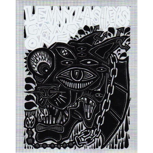 Black and white abstract sticker of a fierce, multi-eyed dog with chains and sharp teeth; bold jagged text above reads “Lenny Lashleys Gang Of One.” The textured background makes this collectible woodcut design stand out.