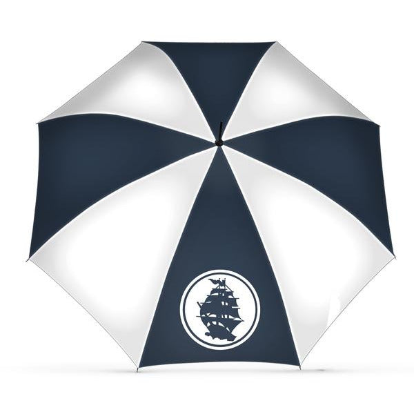 A navy blue and white self-opening umbrella viewed from above, with alternating panels and a circular Pirates Press Records logo featuring a sailing ship silhouette on one of the navy sections.