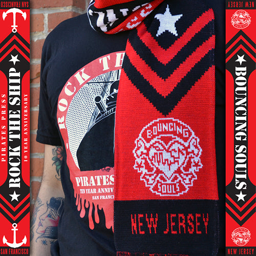 A person wears a black Pirates Press Records skull tee and a red, black, and white Bouncing Souls New Jersey scarf. The image is framed by decorative borders with &quot;Rock the Ship&quot; and &quot;PP10&quot; text.