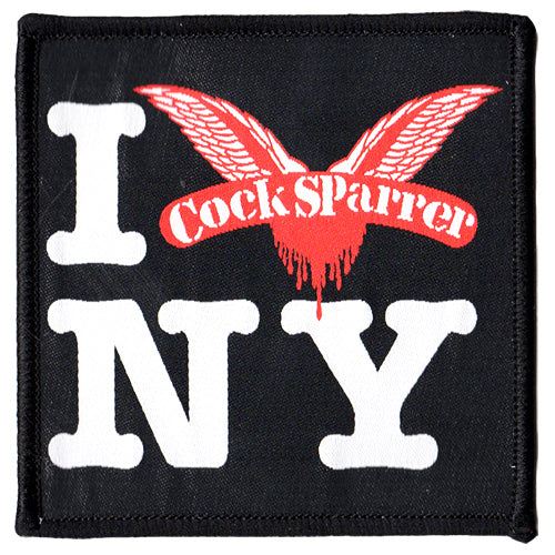 A woven patch styled after an NY souvenir with bold white I NY text. The red Cock Sparrer name and winged logo replace the heart, giving a unique Cock Sparrer twist to the classic I Love NY design.