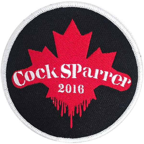 A round embroidered patch by Cock Sparrer with a white border showcases a red Canadian Maple Leaf, “Cock Sparrer 2016” in bold red and white text, and dripping details at the base of the leaf.