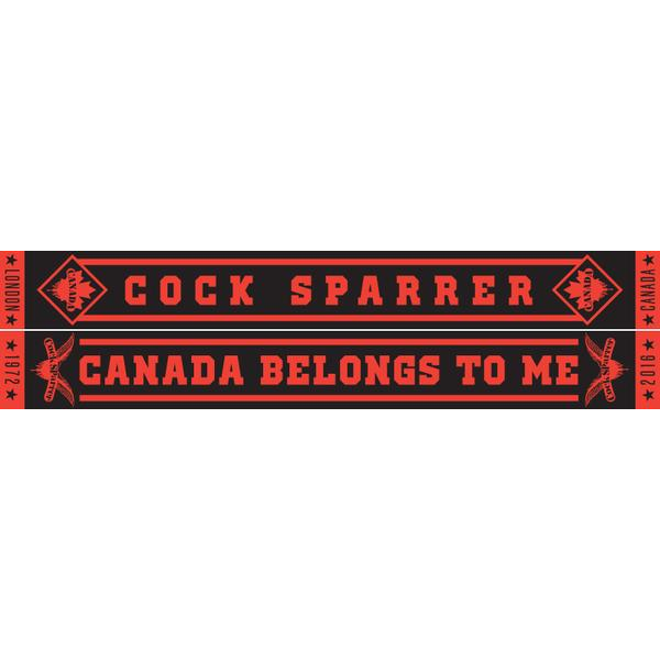 A black and red Cock Sparrer supporter scarf with COCK SPARRER in bold over Canada Belongs To Me, diamond shapes and crossed objects, plus LONDON 1972 and CANADA 2016 on the ends.