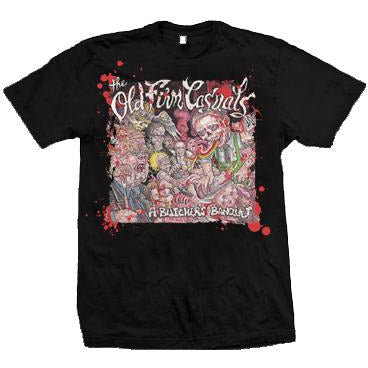 The Old Firm Casuals black Gildan Heavy Cotton T-shirt showcases bloody cartoon zombies feasting, with the band’s name above and “A Butchers Banquet” below. Red splatters frame the bold, eye-catching graphic.