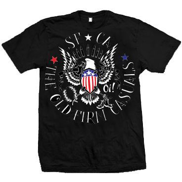Black Gildan T-shirt by The Old Firm Casuals, showcases an eagle with spread wings, shield with stars and stripes, “CA OC ST OLD FIRM CASUALS” text, stars, and “Oi!” on the front—perfect for fans.