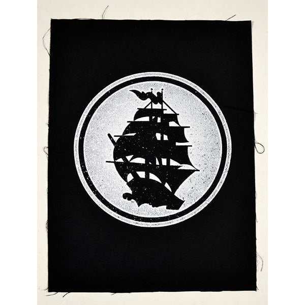 A white circular emblem with a black silhouette of a traditional sailing ship, inspired by the iconic Ship Logo, set on a black rectangle—perfect as a Canvas Back Patch from Pirates Press Records.