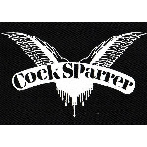 The Cock Sparrer brand is featured in white curved text above bird wings and a dripping paint graphic on this 5 x 3.75 cloth patch, all set against a solid black background.