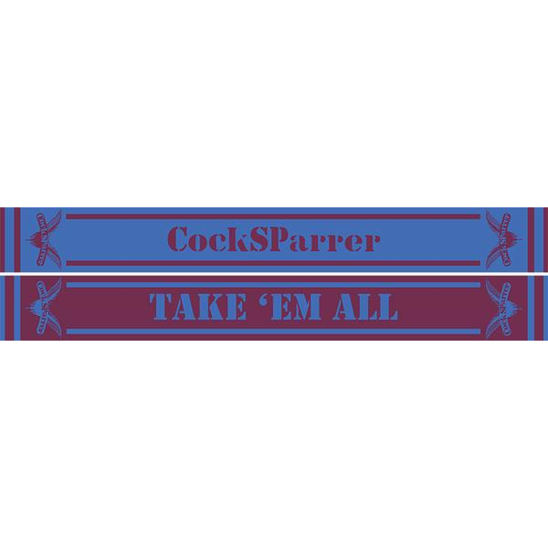 A blue and maroon Cock Sparrer supporter scarf features the band name on one side, &quot;Take &#39;Em All&quot; on the other, and winged bird logos at each end.
