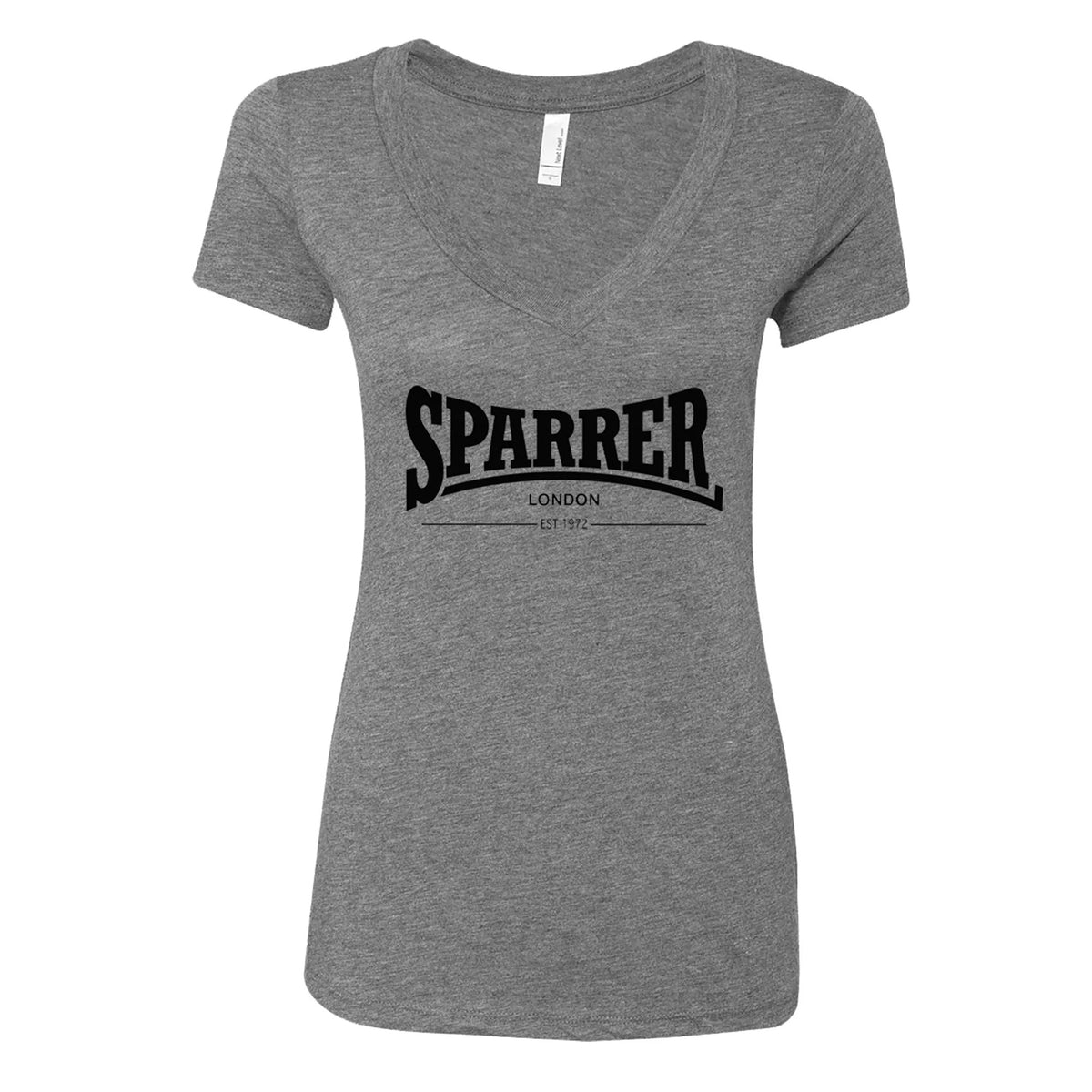 This women&#39;s fitted heather gray V-neck shirt by Cock Sparrer features a bold &quot;SPARRER&quot; in black and &quot;LONDON EST 1977&quot; printed underneath.