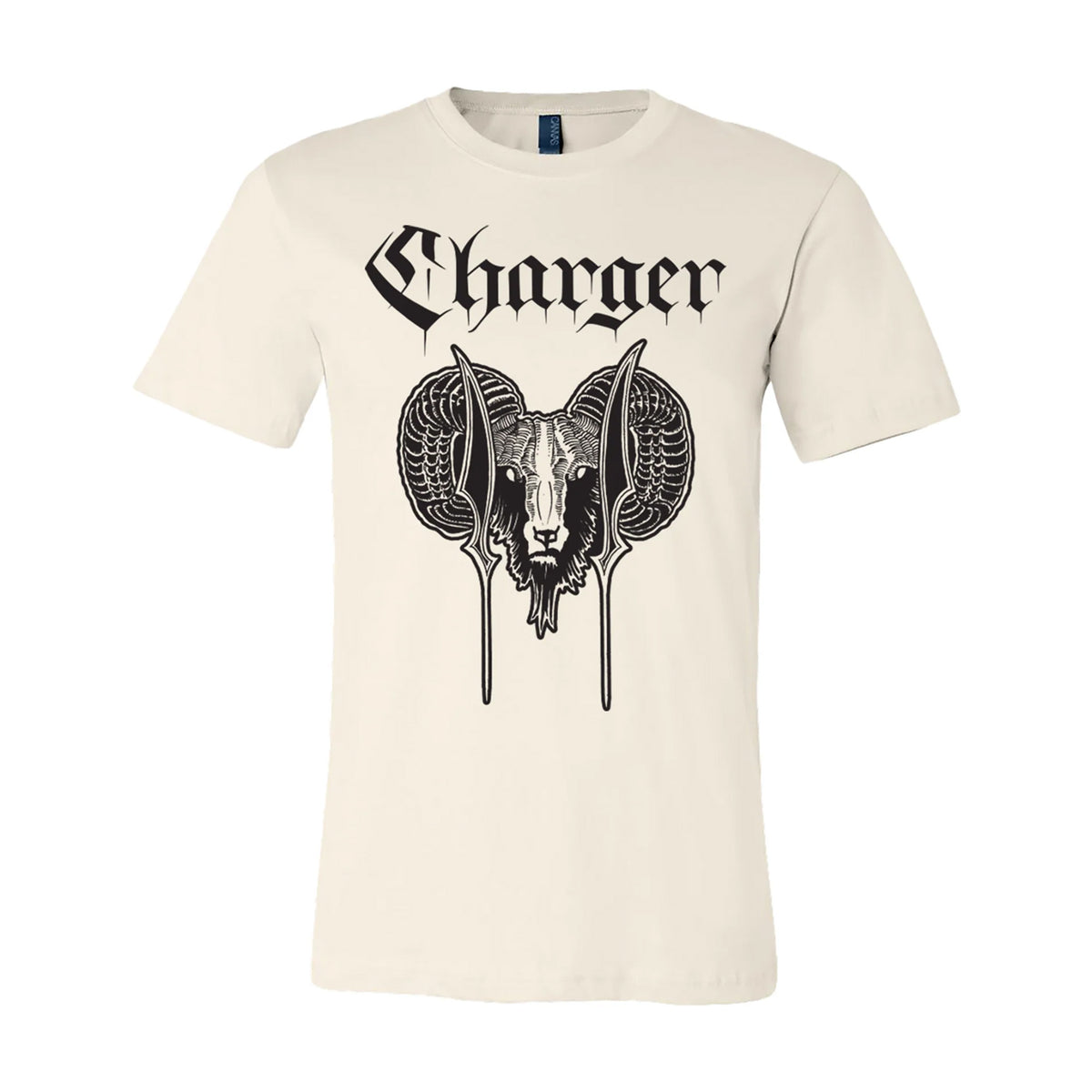 Off-white unisex T-shirt by Charger with “Charger” in bold black gothic font above a ram’s head illustration, printed on premium Bella Canvas 3001 for comfort and style.