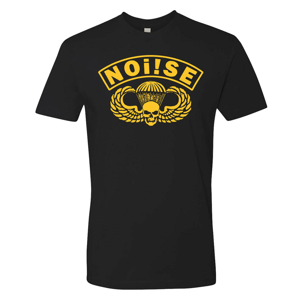 The NOi!SE Unisex Black Parachute T-shirt boasts a bold yellow NOISE over a helmeted skull with wings and parachute, printed on premium Next Level 3600 fabric.