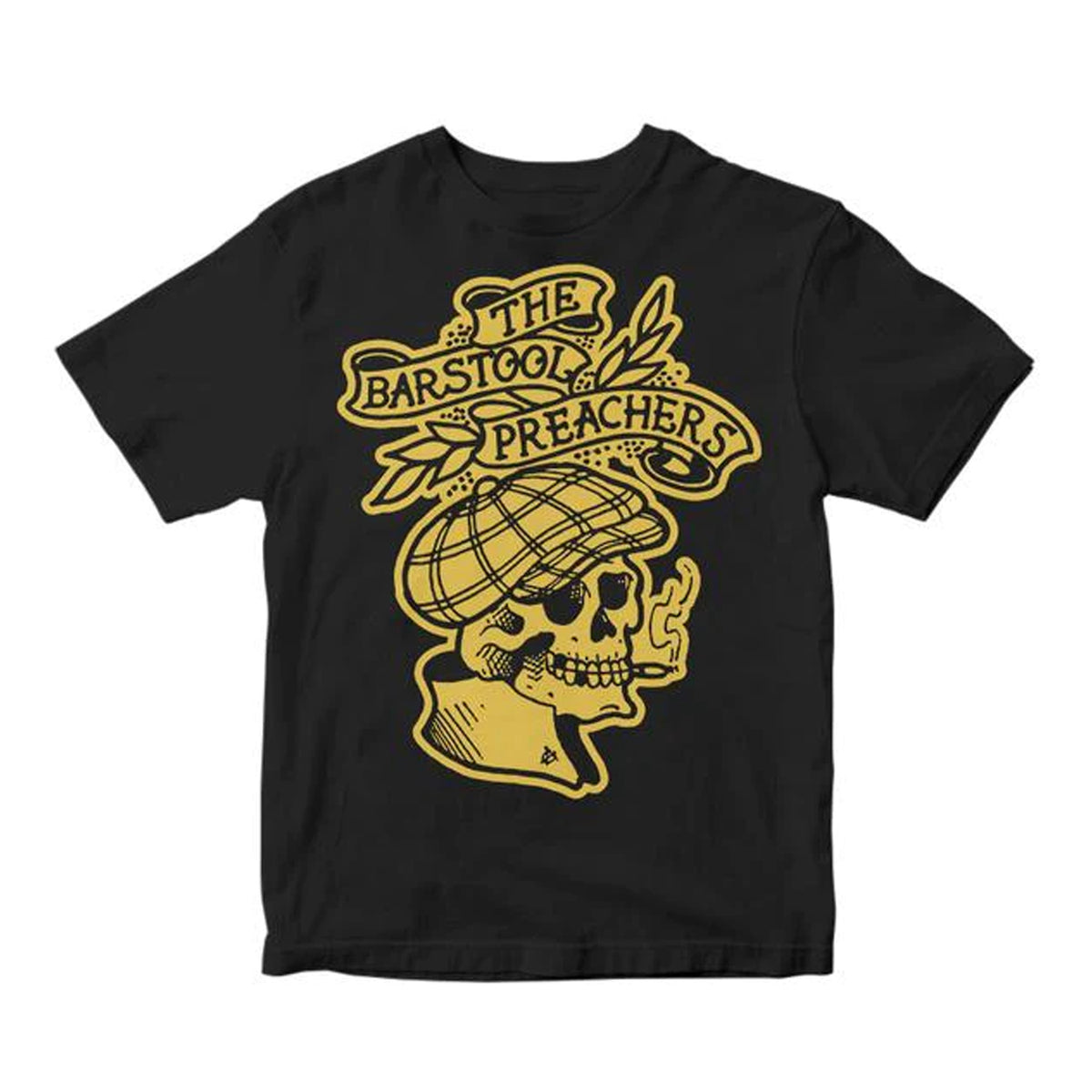 The Bar Stool Preachers Black Skull T-shirt features a yellow smoking skull in a flat cap with leaves and &quot;THE BARSTOOL PREACHERS&quot; text, printed on soft Next Level fabric for comfort and style.