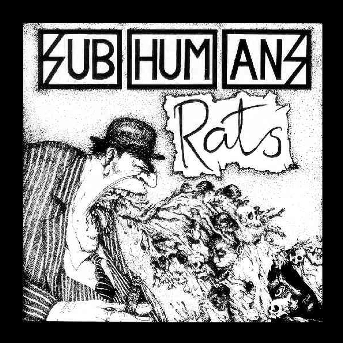 Black and white illustration of a person in a hat vomiting rats, with Subhumans above and Rats on torn paper—a bold punk-inspired tribute to the Subhumans brand.